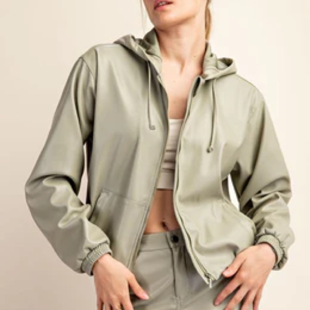 0941. Faux Leather Sage Green Hooded Jacket